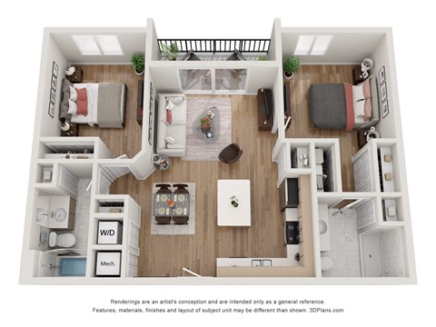 a 1 bedroom floorplan is shown in this rendering